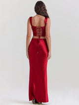 Litlookz Studio Wine Satin Corset Top & Maxi Skirt Two Piece Set, view 3