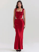 Litlookz Studio Wine Satin Corset Top & Maxi Skirt Two Piece Set, view 4