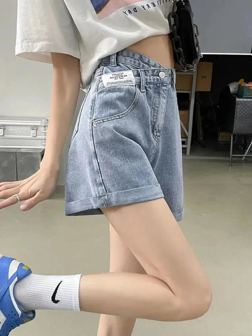 Litlookz Studio Y2K Asymmetric Waist Detail Denim Shorts