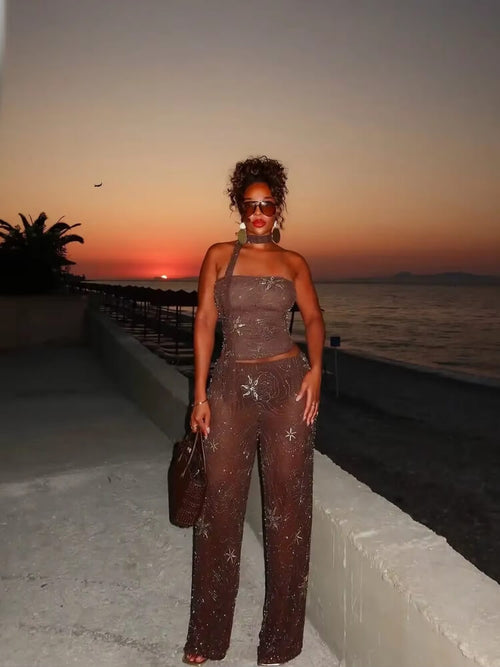Litlookz Studio Y2K Beaded Scarf Top & Pants Two Piece Set