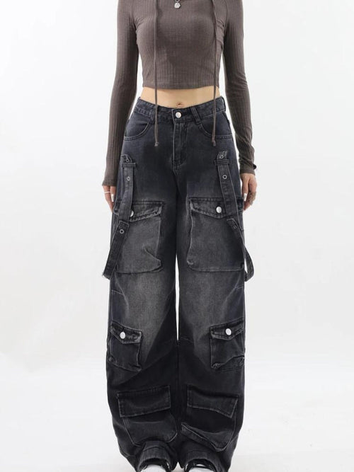 Litlookz Studio Y2K Belted Dark Wash Cargo Jeans
