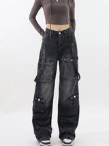 Litlookz Studio Y2K Belted Dark Wash Cargo Jeans, view 4
