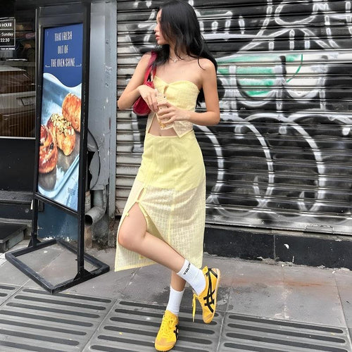 Litlookz Studio Y2K Butter Yellow Top & Skirt Two Piece Set