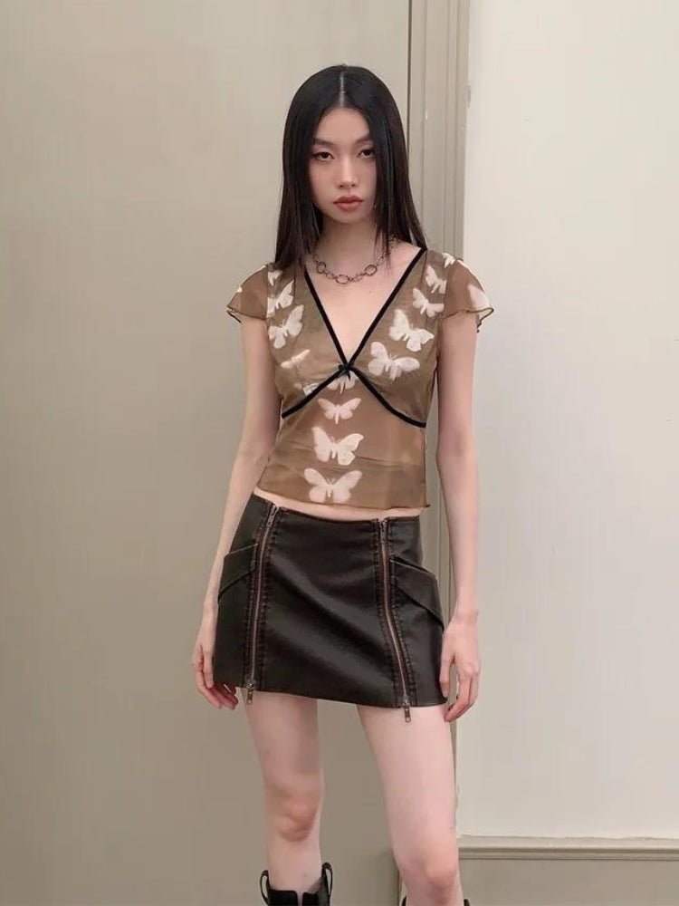 Litlookz Studio Y2K Butterfly V Neck Top