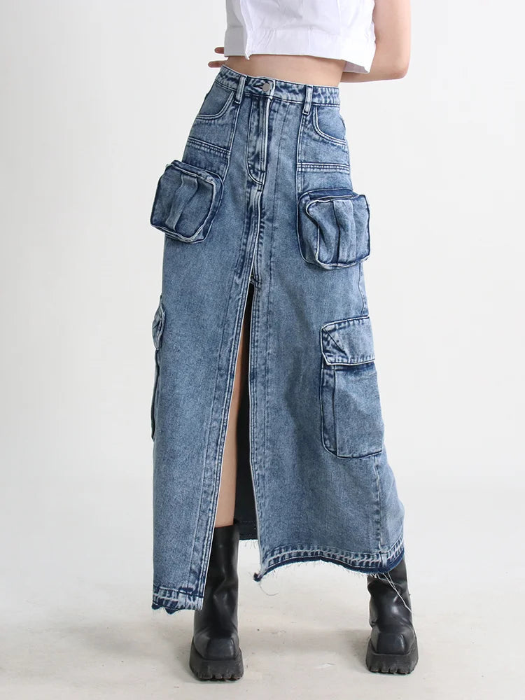 Litlookz Studio Y2K Cargo Split Denim Midi Skirt
