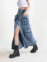 Litlookz Studio Y2K Cargo Split Denim Midi Skirt, view 3