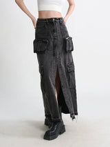 Litlookz Studio Y2K Cargo Split Denim Midi Skirt, view 5