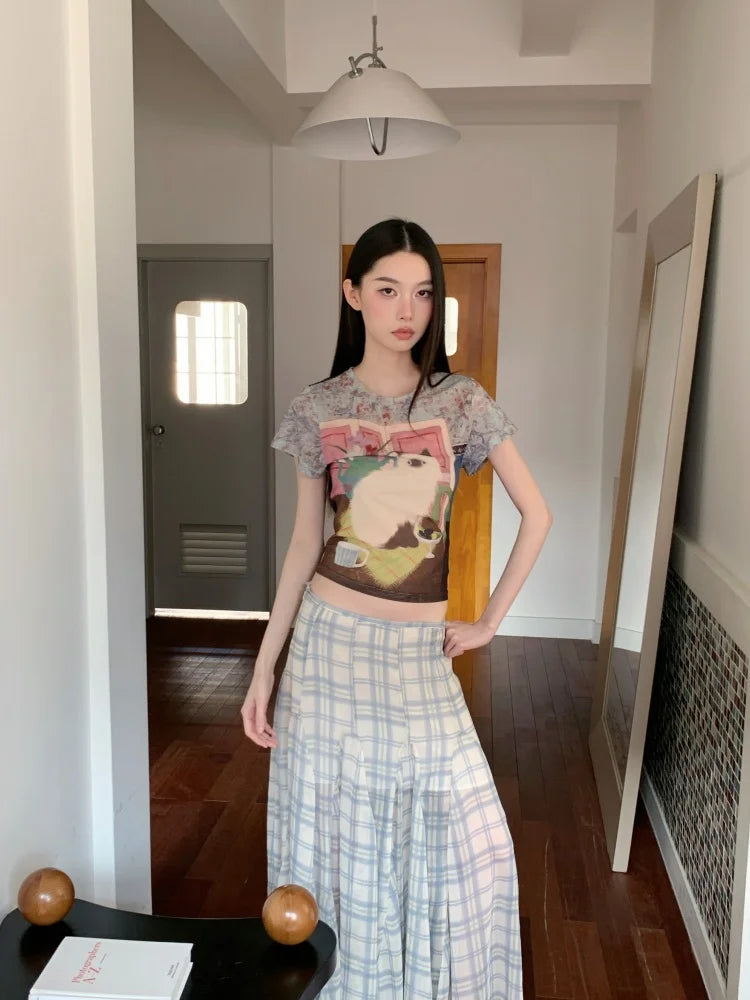 Litlookz Studio Y2K Cat Graphic Sheer Top