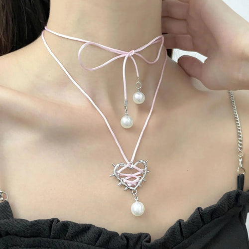 Litlookz Studio Y2K Coquette Barbed Heart Bow Tie Necklace