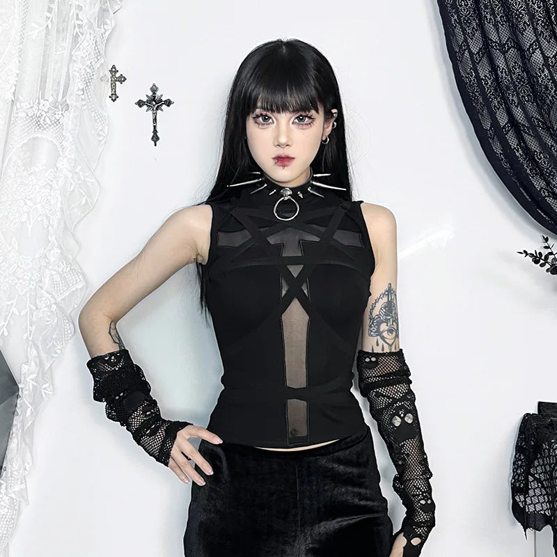Litlookz Studio Y2K Cross Strap Sheer Top