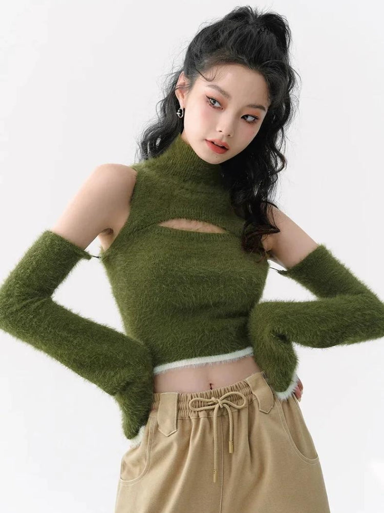 Litlookz Studio Y2K Cut Out Fluffy Crop Sweater Top