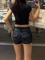 Litlookz Studio Y2K Dark Wash Denim Mini Shorts, view 2