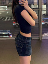 Litlookz Studio Y2K Dark Wash Denim Mini Shorts, view 3