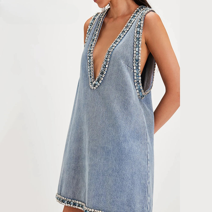 Litlookz Studio Y2K Deep V Denim Mini Dress