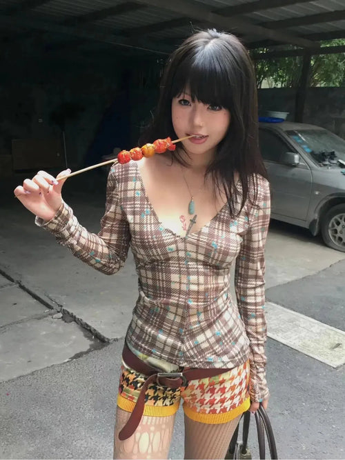 Litlookz Studio Y2K Deep V Neck Plaid Top