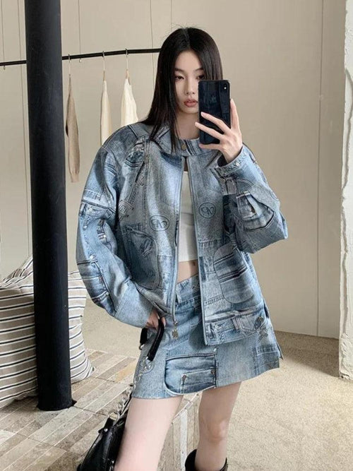 Litlookz Studio Y2K Denim Jacket & Mini Skirt Two Piece Set