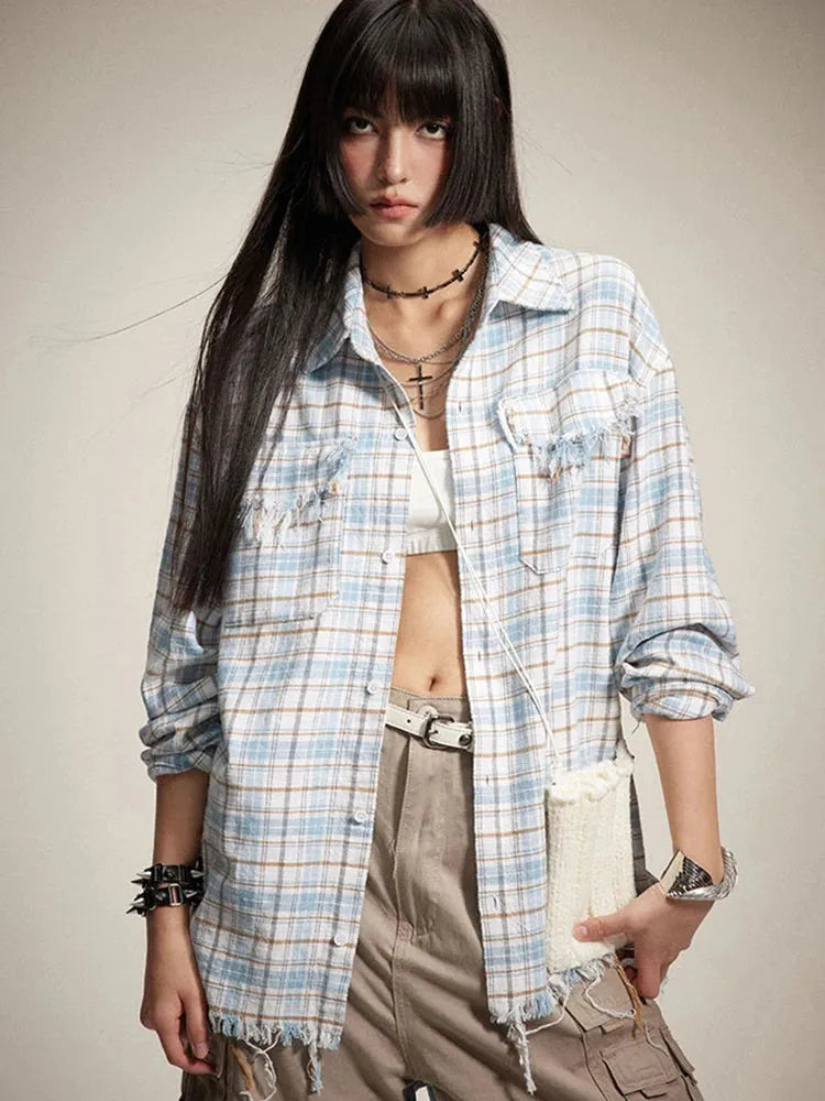 Litlookz Studio Y2K Distressed Plaid Shirt