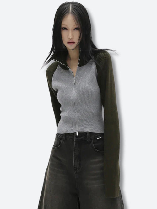Litlookz Studio Y2K Double Zip-Up Ribbed Cardigan