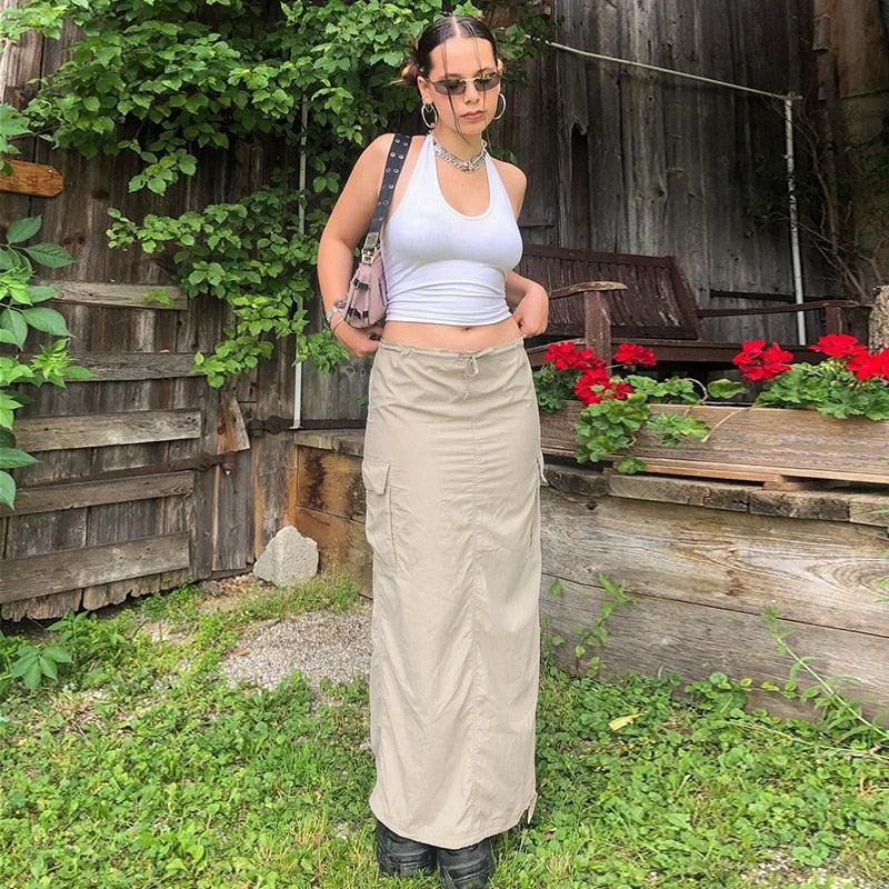 Litlookz Studio Y2K Drawstring Parachute Maxi Skirt