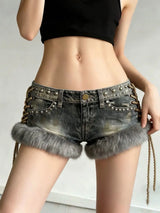 Litlookz Studio Y2K Faux Fur Studded Shorts, view 3
