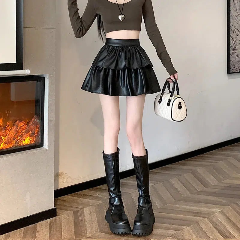Litlookz Studio Y2K Faux Leather A-Line Mini Skirt
