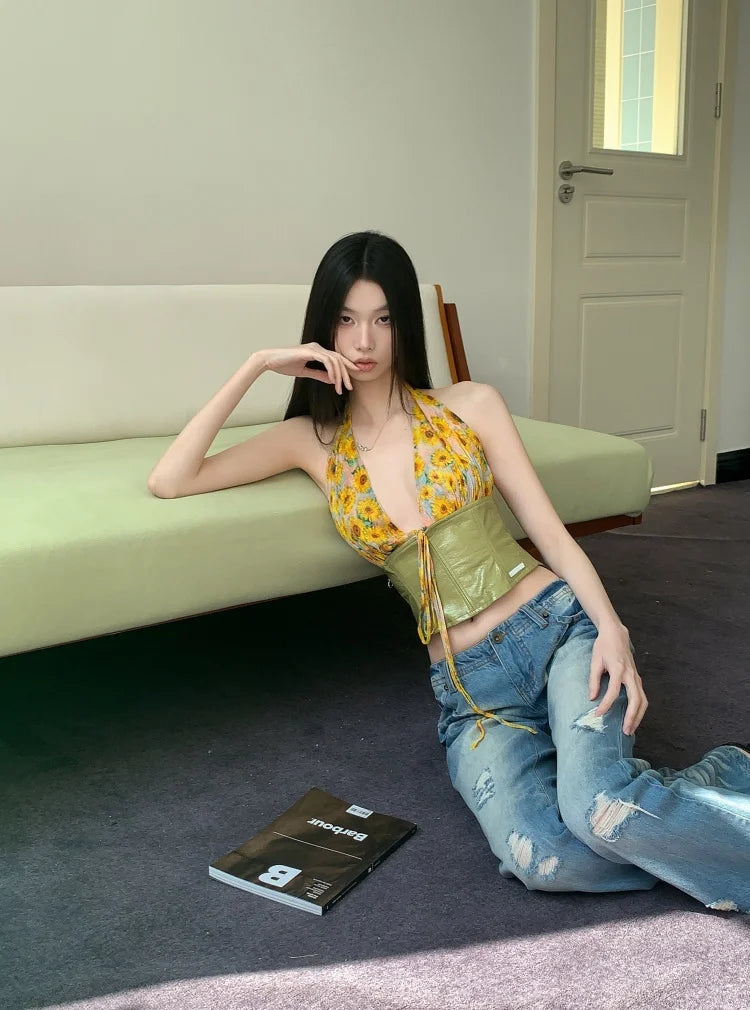 Litlookz Studio Y2K Floral Halter Crop Top