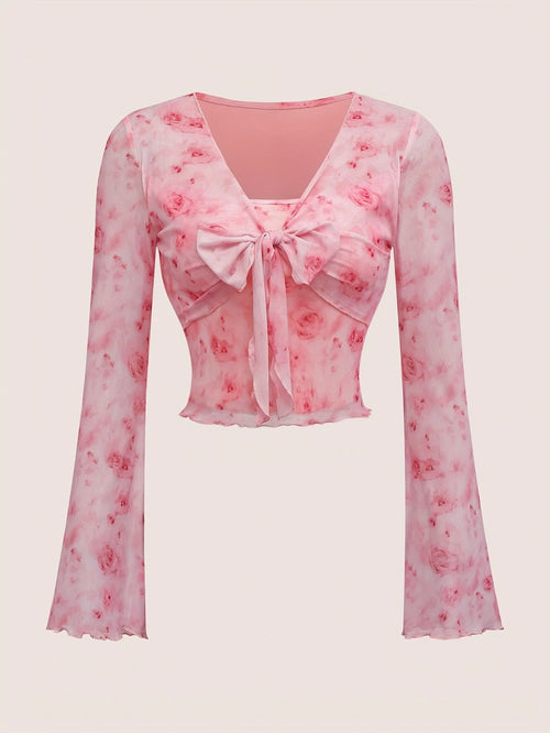 Litlookz Studio Y2K Floral Tie Front Bow Top