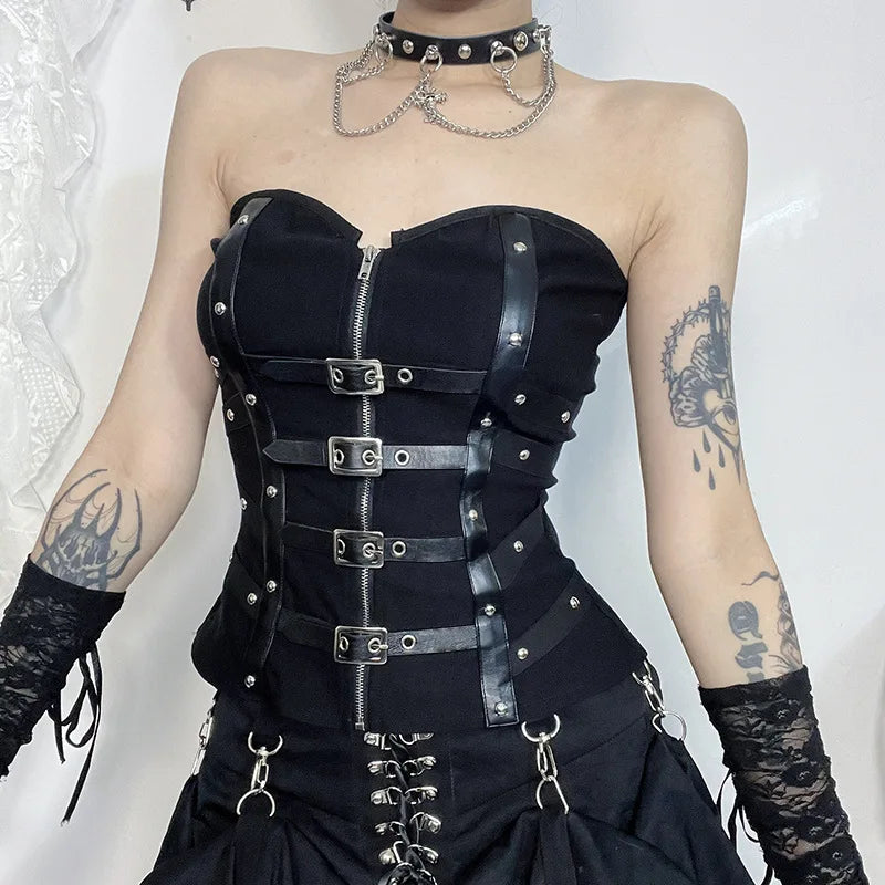 Litlookz Studio Y2K Goth Buckle Zip Up Top