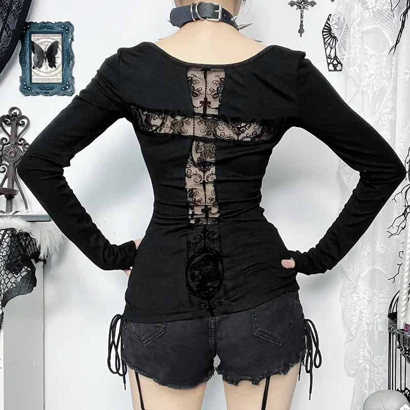 Litlookz Studio Y2K Goth Lace Cross Back Top