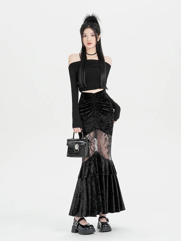 Litlookz Studio Y2K Goth Velvet Lace Maxi Skirt