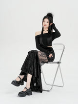 Litlookz Studio Y2K Goth Velvet Lace Maxi Skirt, view 3