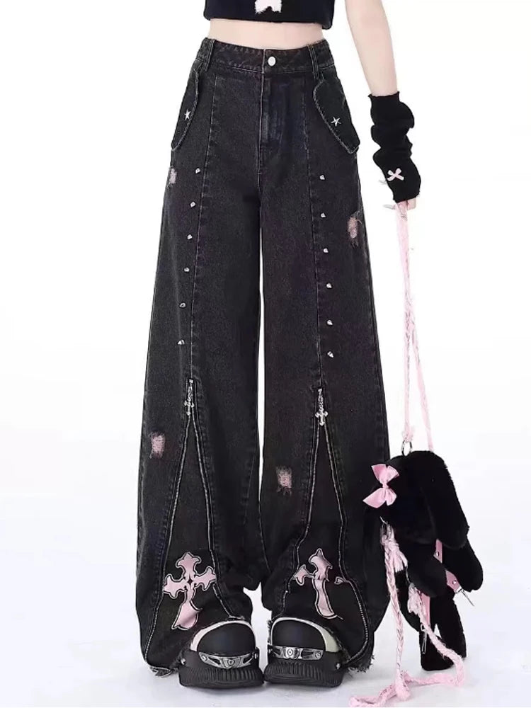 Litlookz Studio Y2K Grunge Cross Zip-Up Jeans