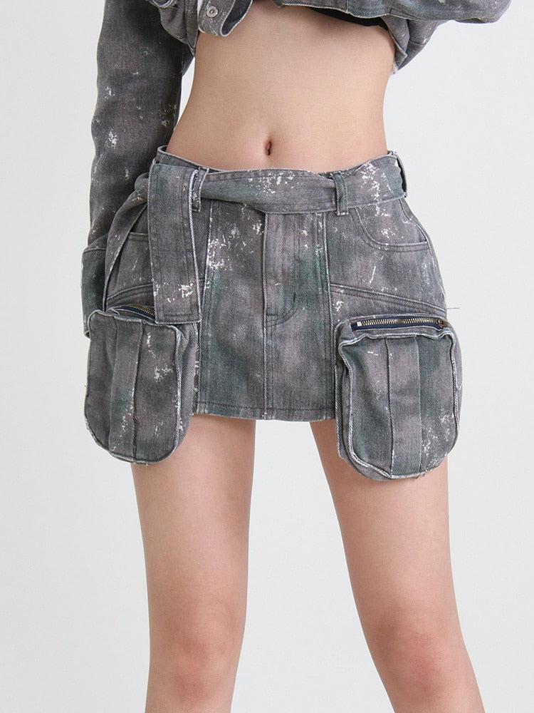 Litlookz Studio Y2K Grunge Distressed Cargo Mini Skirt