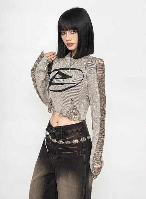 Litlookz Studio Y2K Grunge Distressed Crop Sweater