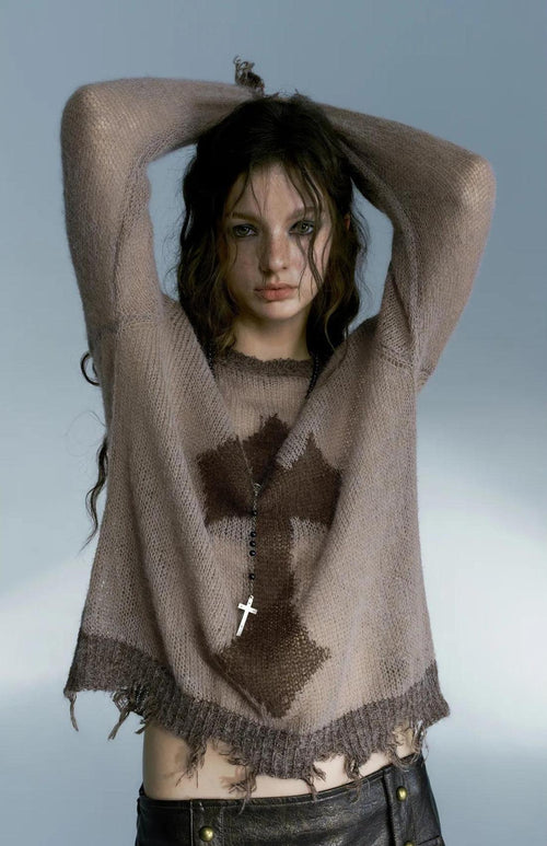 Litlookz Studio Y2K Grunge Distressed Cross Sweater