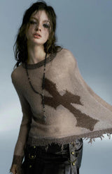 Litlookz Studio Y2K Grunge Distressed Cross Sweater, view 2