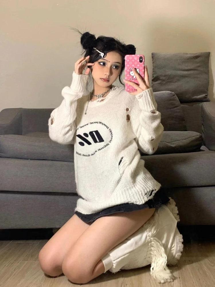 Litlookz Studio Y2K Grunge Distressed Knitted Sweater