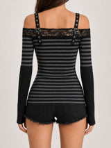 Litlookz Studio Y2K Grunge Lace Trim Striped Top, view 2