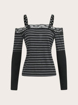 Litlookz Studio Y2K Grunge Lace Trim Striped Top, view 3