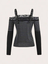 Litlookz Studio Y2K Grunge Lace Trim Striped Top, view 4