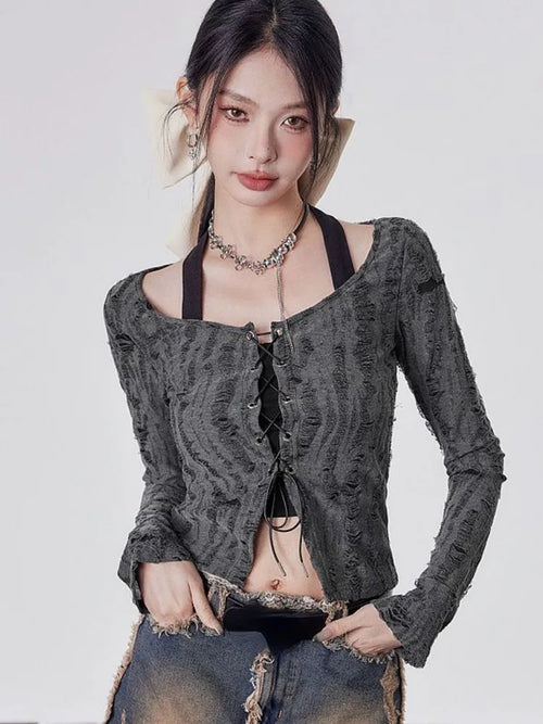 Litlookz Studio Y2K Grunge Lace Up Layered Top