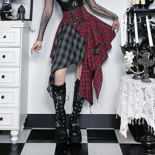 Litlookz Studio Y2K Grunge Patchwork Plaid Midi Skirt