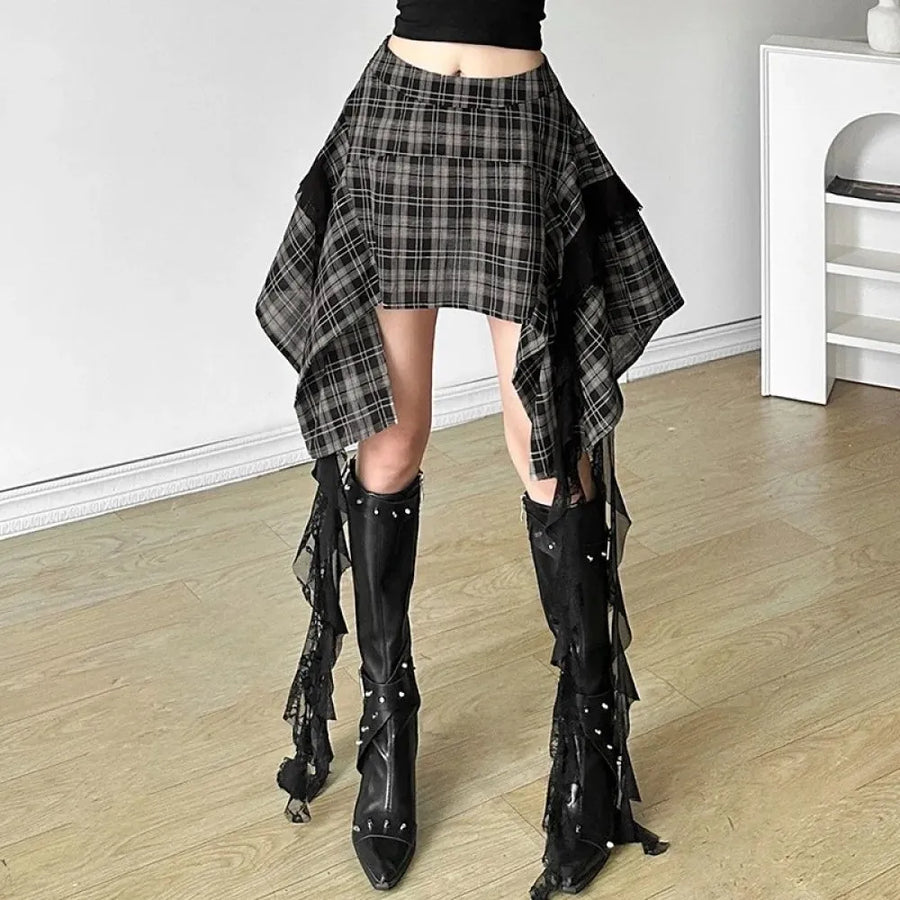 Litlookz Studio Y2K Grunge Plaid Asymmetric Mini Skirt