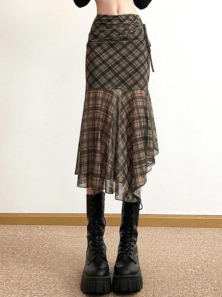 Litlookz Studio Y2K Grunge Plaid Mesh Midi Skirt