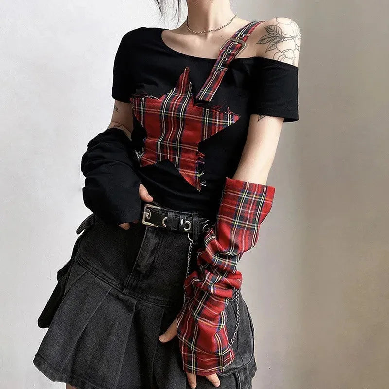 Litlookz Studio Y2K Grunge Plaid Patch Top