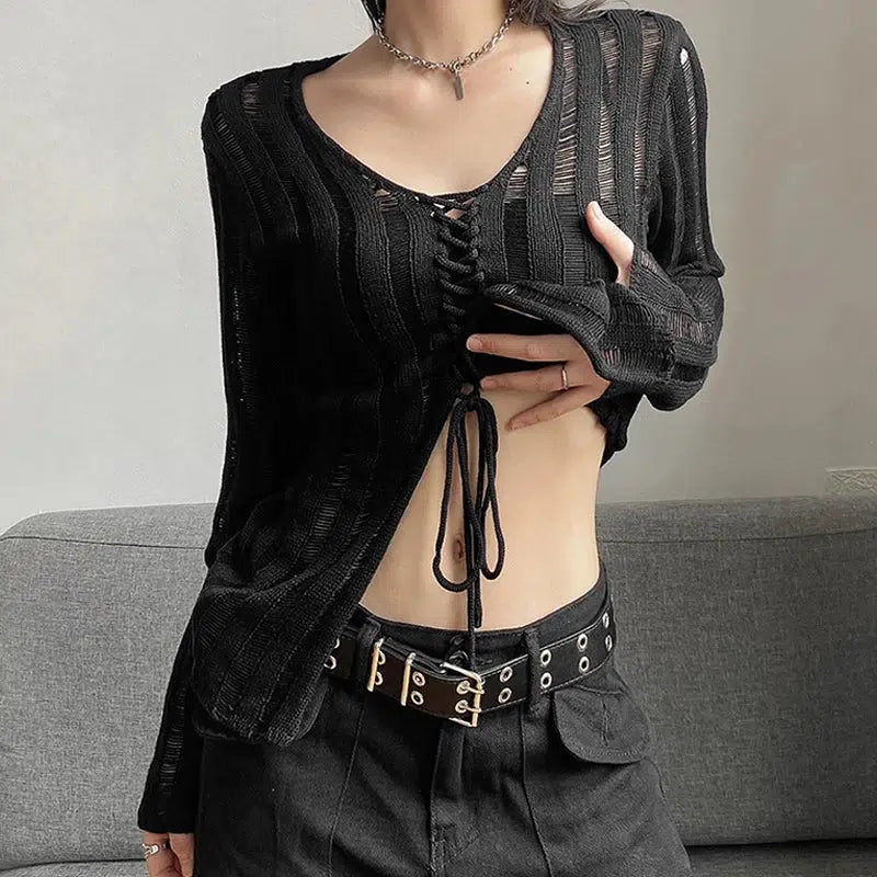 Litlookz Studio Y2K Grunge Sheer Lace Up Knitted Top