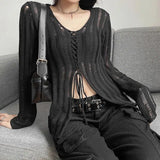 Litlookz Studio Y2K Grunge Sheer Lace Up Knitted Top, view 2
