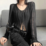Litlookz Studio Y2K Grunge Sheer Lace Up Knitted Top, view 4
