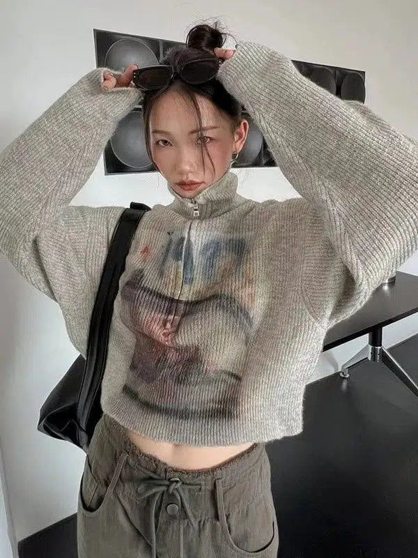 Litlookz Studio Y2K Half Zip-Up Knitted Sweater