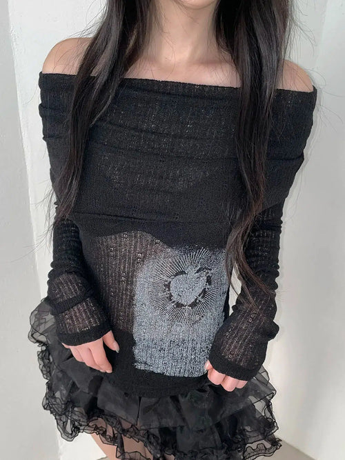 Litlookz Studio Y2K Heart & Swords Off Shoulder Top